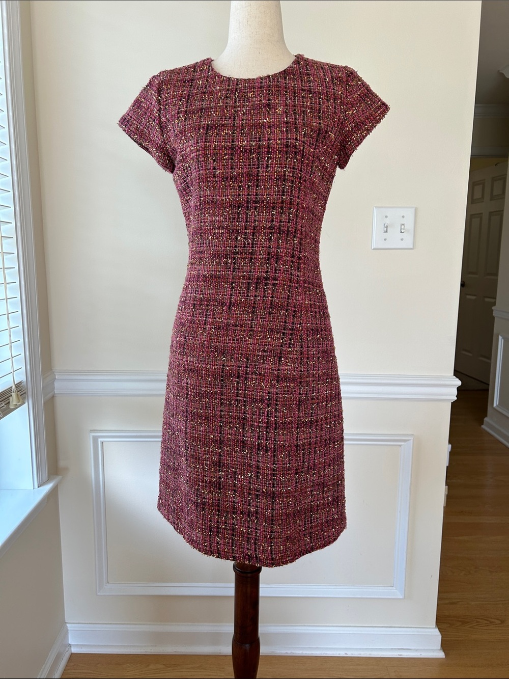 Brooks Brothers Burgundy Tweed Cap-Sleeve Sheath Dress
